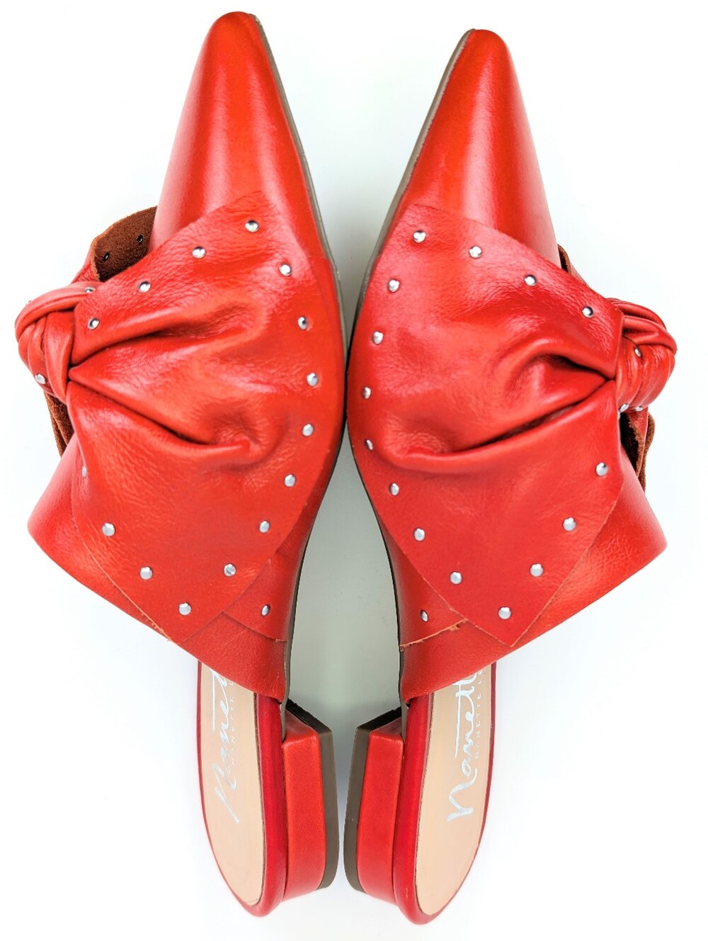 Nanette Lepore Orange Red Studded Bow Pointed Toe Mule Flats Slide On Size 6 EUC - Picture 9 of 12